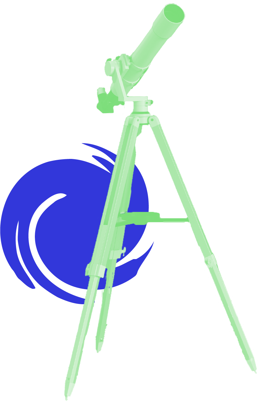 telescope with blue spiral background folig frog